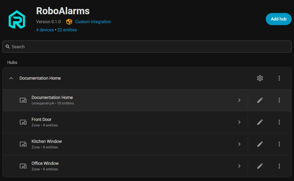 RoboAlarms integration in Home Assistant showing a connected example panel and its entities