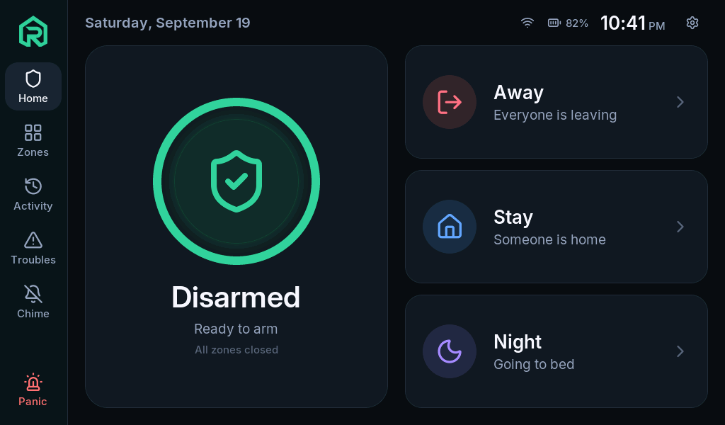 RoboAlarms Home screen showing Disarmed, Ready to arm, and Away, Stay and Night modes